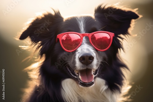 Portrait of a border collie wearing colored sunglases on red background. Generative AI © Gelpi