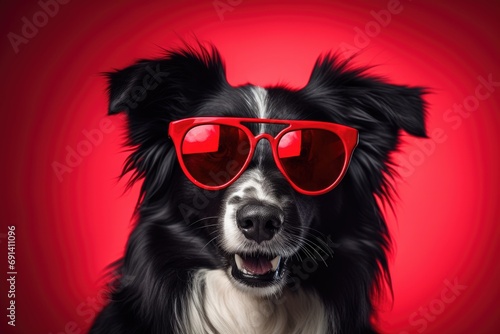 Portrait of a border collie wearing colored sunglases on red background. Generative AI