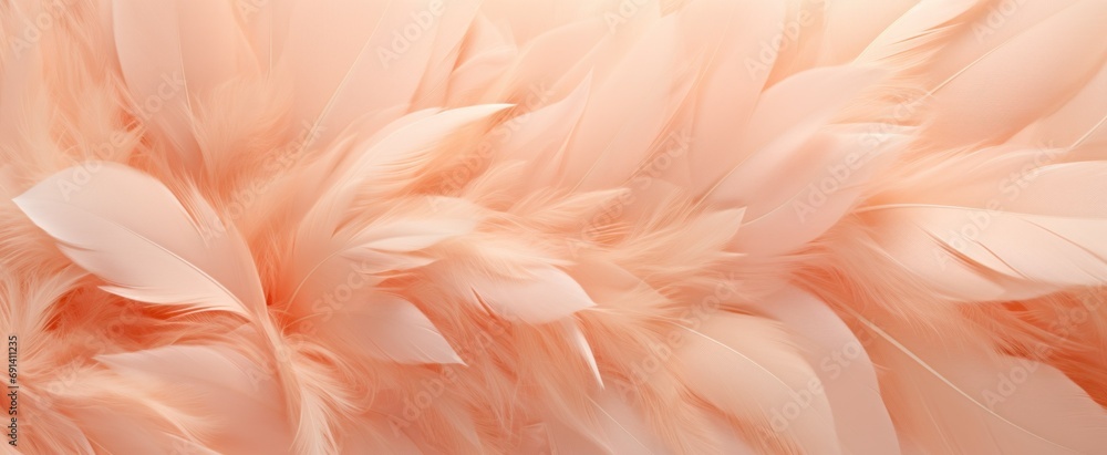 Soft Coral Peach Fuzz Feathers Texture Close-up. Close-up image capturing the delicate texture and soft coral hue of fluffy feathers, conveying a sense of gentleness and serenity. Soft Coral Peach Fuzz Feathers Texture Close-up. Close-up image capturing the delicate texture and soft coral hue of fluffy feathers, conveying a sense of gentleness and serenity.
