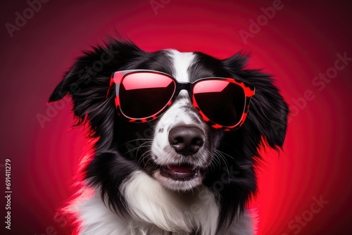 Portrait of a border collie wearing colored sunglases on red background. Generative AI © Gelpi