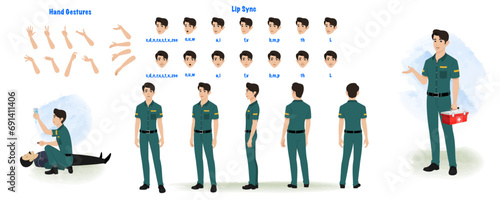A paramedic model sheet. male paramedic turnaround sheet, Health worker hand gestures, lip sync