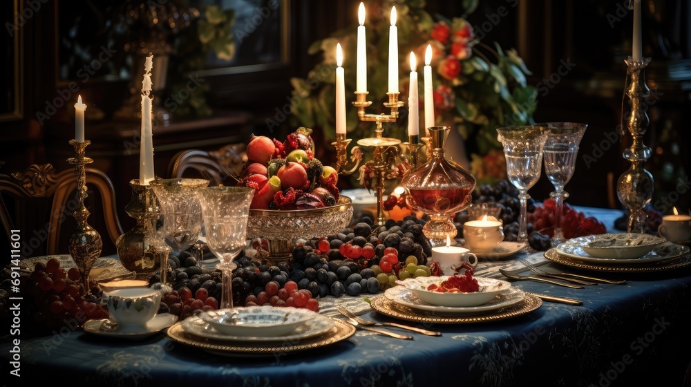 Elegant christmas dinner setting. Seasonal holiday dining background. Generative AI