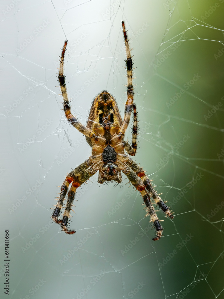 weibliche Gartenkreuzspinn (Aaraneus diadematus) im Netz von unten weibliche Gartenkreuzspinn (Aaraneus diadematus) im Netz von unten