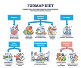 Fodmap diet as recommendations for irritable bowel syndrome outline diagram. Labeled educational eating habits suggestion and guidance for patient with digestive medical problems vector illustration.