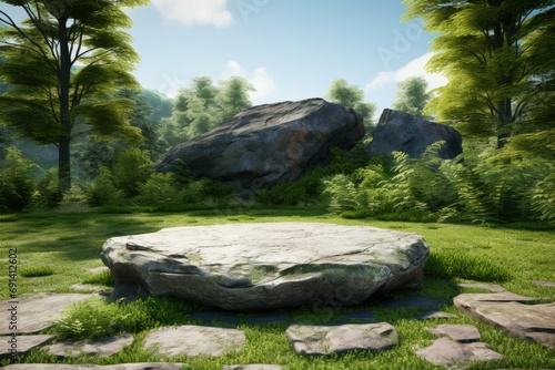 A large flat stone set on a lawn surrounded by lush greenery.