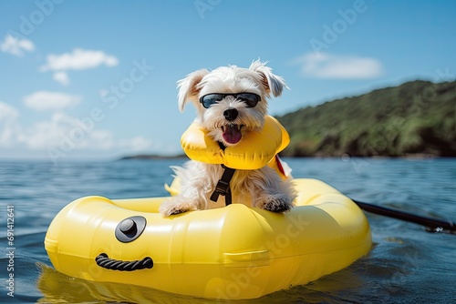 Small dog in life jacket and sunglasses sitting on yellow inflatable boat photo