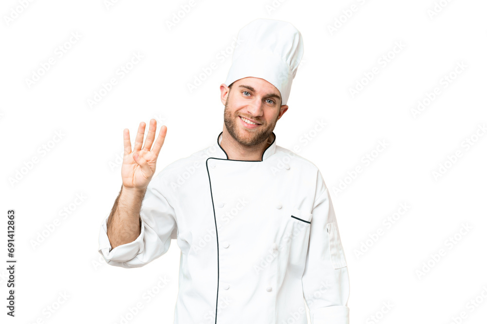 Young blonde man Chef over isolated chroma key background happy and counting four with fingers Young blonde man Chef over isolated chroma key background happy and counting four with fingers
