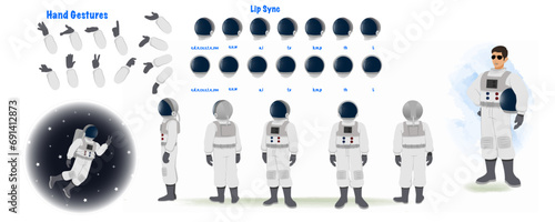 An astronaut model sheet. Space character creation set. Male astronaut turnaround sheet, hand gestures, lip sync
