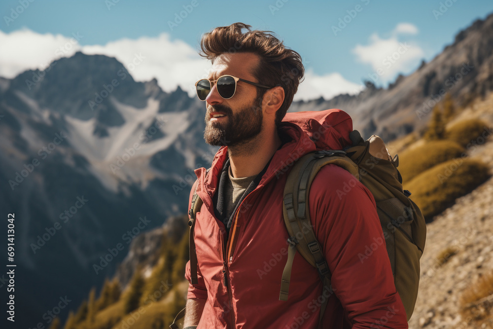 Naklejka premium Mountain Explorer: Adventurous Man Hiking with Backpack and Sunglasses