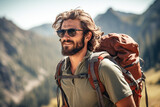 Mountain Explorer: Adventurous Man Hiking with Backpack and Sunglasses