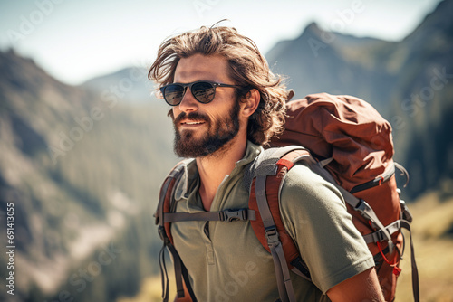 Mountain Explorer: Adventurous Man Hiking with Backpack and Sunglasses