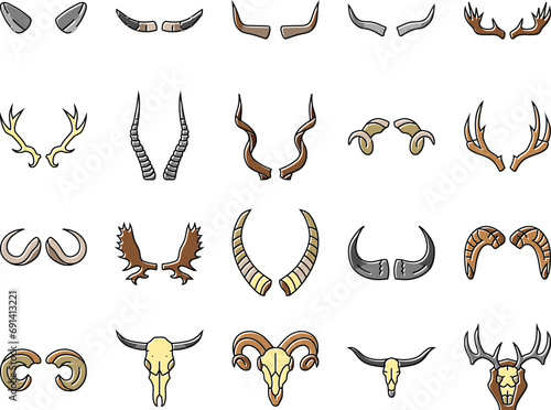 horn animal wildlife nature icons set vector. horned head, cow mammal, bull deer, antelope bone, black trophy, ram horn animal wildlife nature color line illustrations