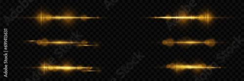 Pack of bright horizontal highlights, rays, lines on a transparent background. Laser beams, horizontal light beams.