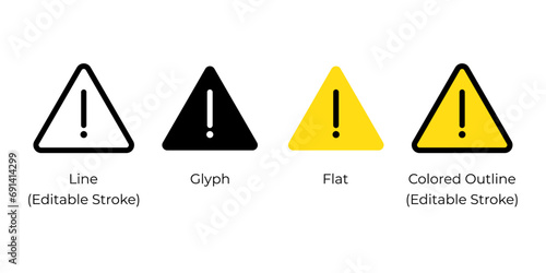 Triangle with exclamation mark, attention caution alert sign, hazard warning symbol vector icon set for website design, app, ui, isolated on white background. Vector illustration.