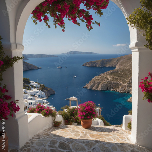 View of the sea from a Mediterranean balcony with arches and decorated with flowers.