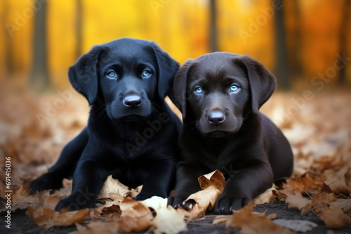 a cute black lab puppy in a pile of autumn leaves