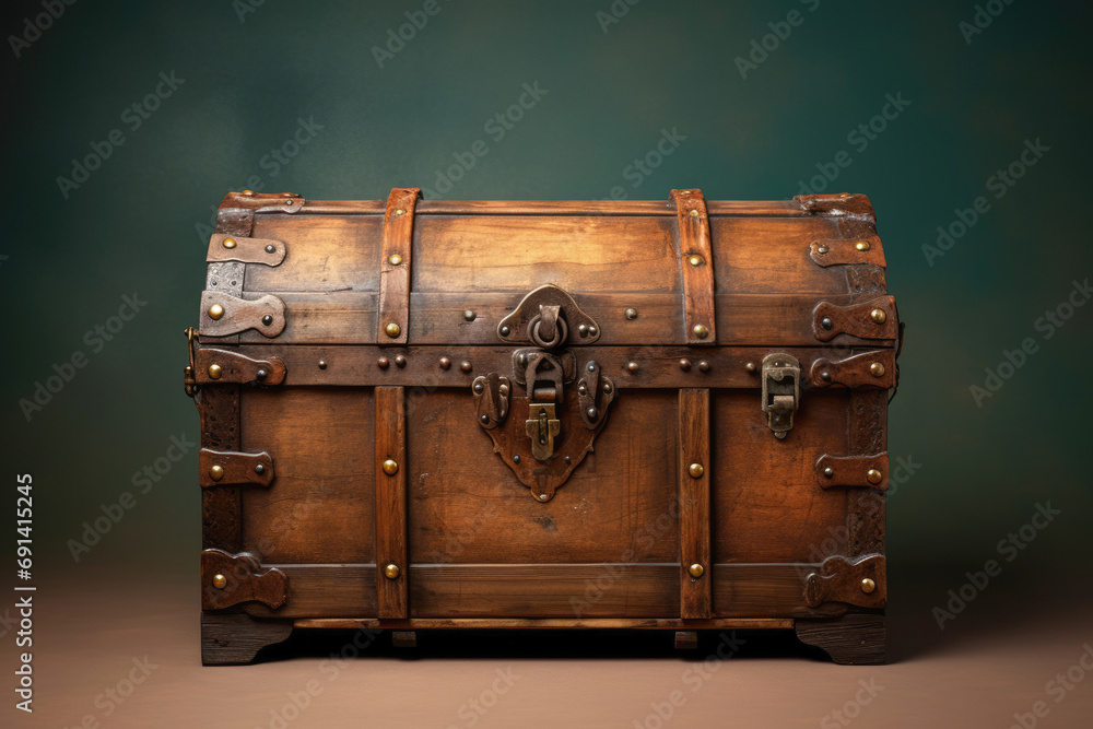 An aged wooden trunk with metal accents, evoking the mystery of a treasure chest from the past, highlighting its unique design and brown retro aesthetic. - obrazy, fototapety, plakaty 