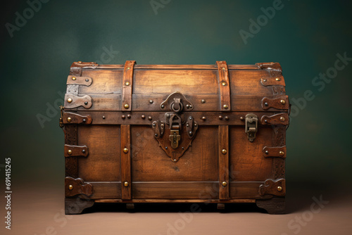 An aged wooden trunk with metal accents, evoking the mystery of a treasure chest from the past, highlighting its unique design and brown retro aesthetic. photo