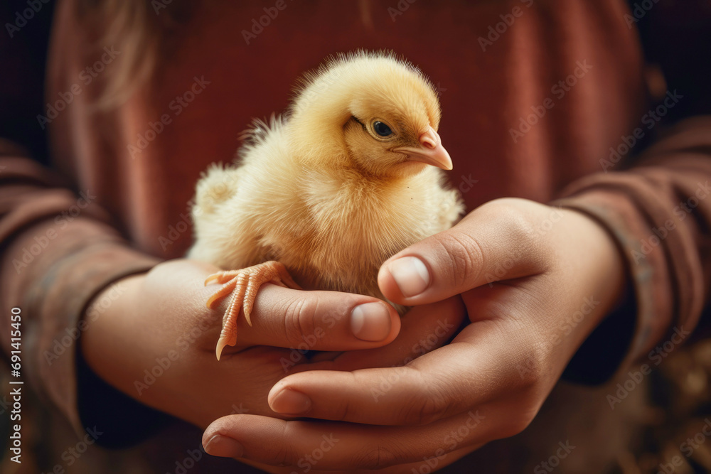 Newborn little adorable chick in kids hands - obrazy, fototapety, plakaty 