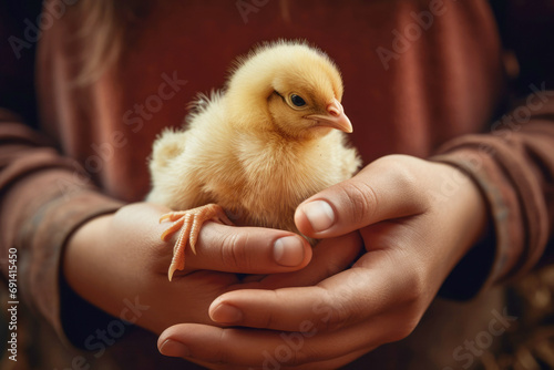 Print op canvas Newborn little adorable chick in kids hands