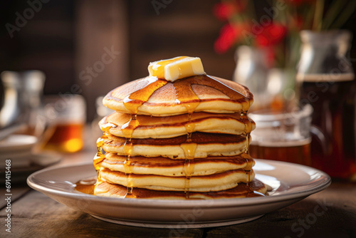 A plate with a pile of pancakes, demonstrating a nutritious and fresh meal with the addition of honey and sauce.