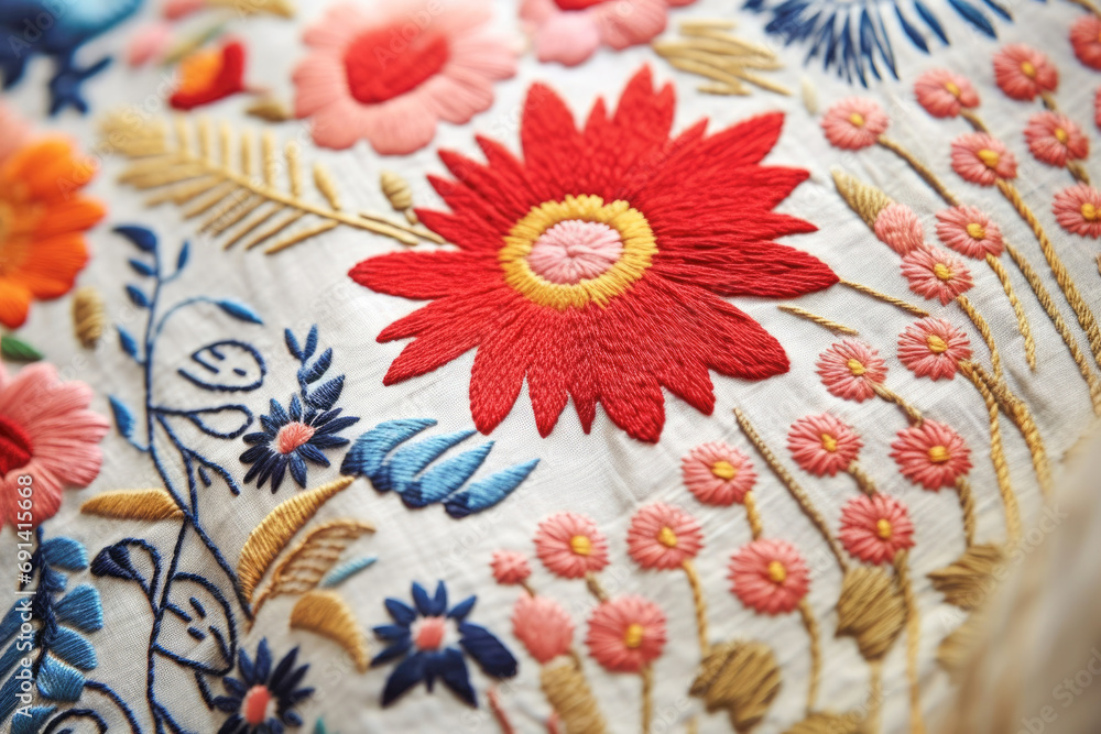 A vibrant display of colorful flowers and decorative patterns in embroidery, creating a textured and detailed fabric background.