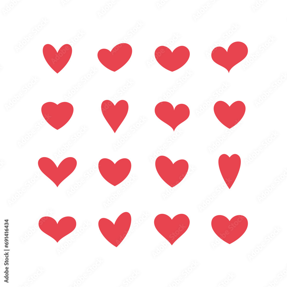 Set of red hearts isolated on white background. Vector illustration. 