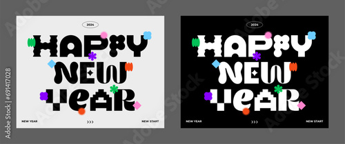2024 Happy New Year typography. Trendy geometric element. Cool background. Playful abstract shape sticker. Brutalism aesthetic modern font type. Retro style design. Colorful flat vector illustration.