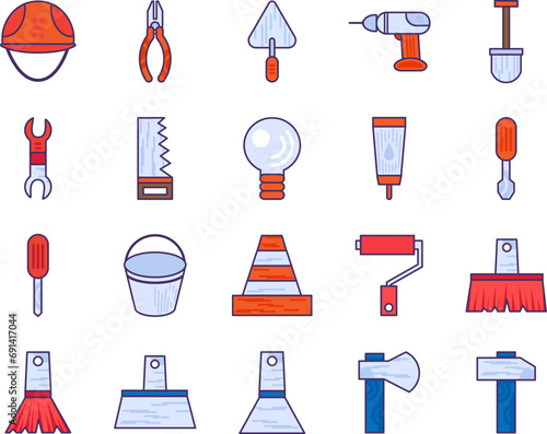 Set of tools for carpenter, blacksmith, handyman.. Professional DIY tools and equipment of highly qualified specialist. Simple colored stroked vector icon collection isolated on white background