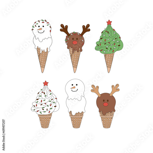 Christmas ice cream cone snowman reindeer Christmas tree shape cold dessert vector illustration set isolated on white. Xmas holiday festive season treats sweets snacks food print.