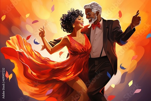 Fotografie, Obraz Happy elderly positive couple dancing salsa and waltz together at a festive even