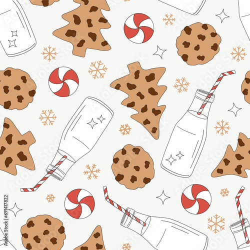 Christmas chocolate chip cookies bottle of milk with cocktail straw peppermint candy vector seamless pattern. Xmas holiday festive season treats sweets snacks food background.