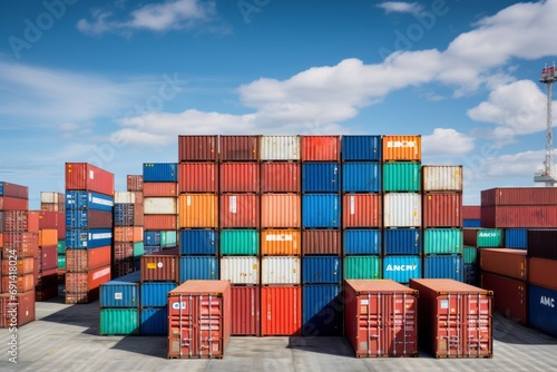 Shipping containers neatly stacked at a bustling port photo