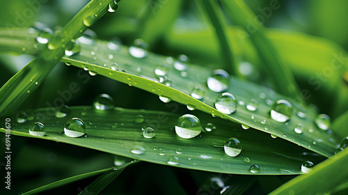 water drops on a green leaf, Grass under macro lens revealing texture and droplets of morning dew