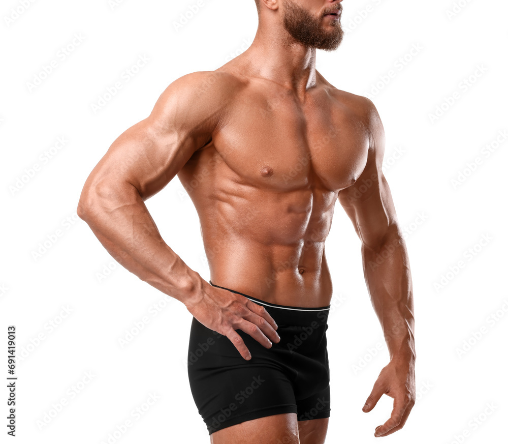 Young bodybuilder with muscular body on white background, closeup Young bodybuilder with muscular body on white background, closeup