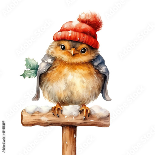 Cute cartoon style bird perched on wooden board during christmas isolated on transparent background