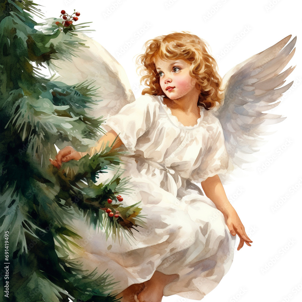 Pretty blonde girl with angel wings next to Christmas tree isolated on transparent background