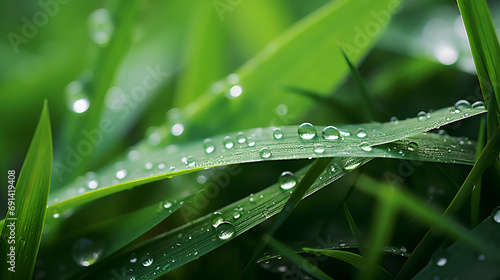 dew on grass, Close-up of green plant leaf with drop of water, Beautiful big clear raindrops on green leaf macro