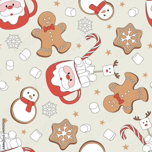 Christmas gingerbread snowman cookies Santa Claus mug with cocoa marshmallow vector seamless pattern. Xmas holiday festive season treats sweets snacks food background.