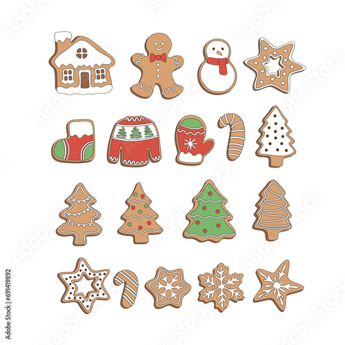 Gingerbread cookies snowman sock sweater mitten Christmas tree snowflake shape vector illustration set isolated on white. Xmas holiday festive season treats sweets snacks food print collection.