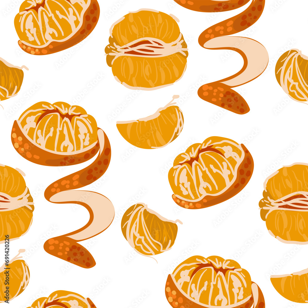 Seamless tangerine pattern with zest. Vector fruit ornament. Citrus texture, slices, peel, zest. Mandarin in different versions,. Vector design of mandarin for printing, textiles, paper, ornament Seamless tangerine pattern with zest. Vector fruit ornament. Citrus texture, slices, peel, zest. Mandarin in different versions,. Vector design of mandarin for printing, textiles, paper, ornament