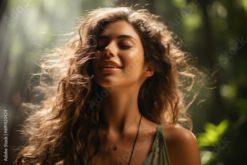 Serene facial expression of a woman practicing deep breathing on backdrop of green foliage, meditation, mindfulness practice. photo
