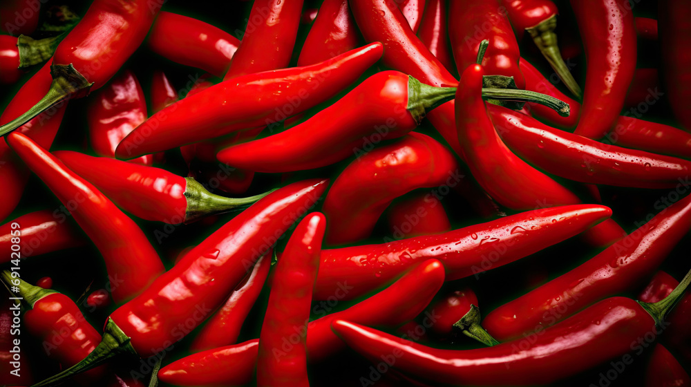 Top view of fresh red chili peppers placed on stall in local grocery market