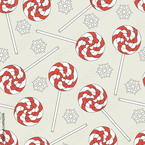 Retro Christmas peppermint candy round swirl lollypop vector seamless pattern. Xmas holiday festive season treats sweets snacks food background.