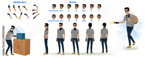 A thief model sheet. Burglar creation set. turnaround sheet, hand gestures, lip sync.