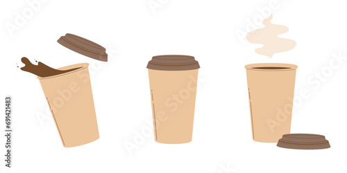 Collection of brown paper cups of hot coffee or tea with a lids. Coffee to go. Modern flat vector illustration isolated on white background