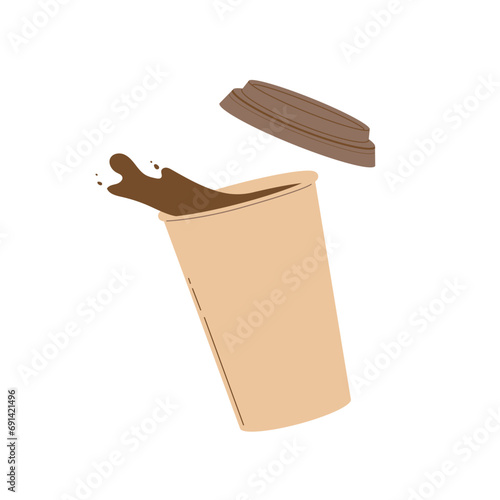 Brown paper cup of hot coffee with a lid. Splashing coffee to go. Modern flat vector illustration isolated on white background
