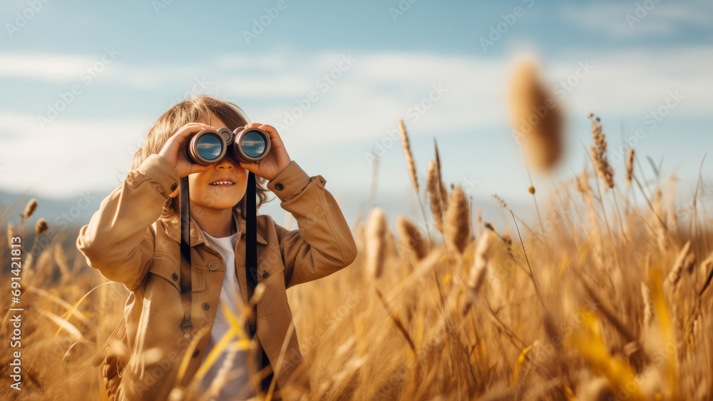 Cute little child looking through binoculars on sunny summer day. Young kid exploring nature. Family time outdoors, active leisure for children. - obrazy, fototapety, plakaty 