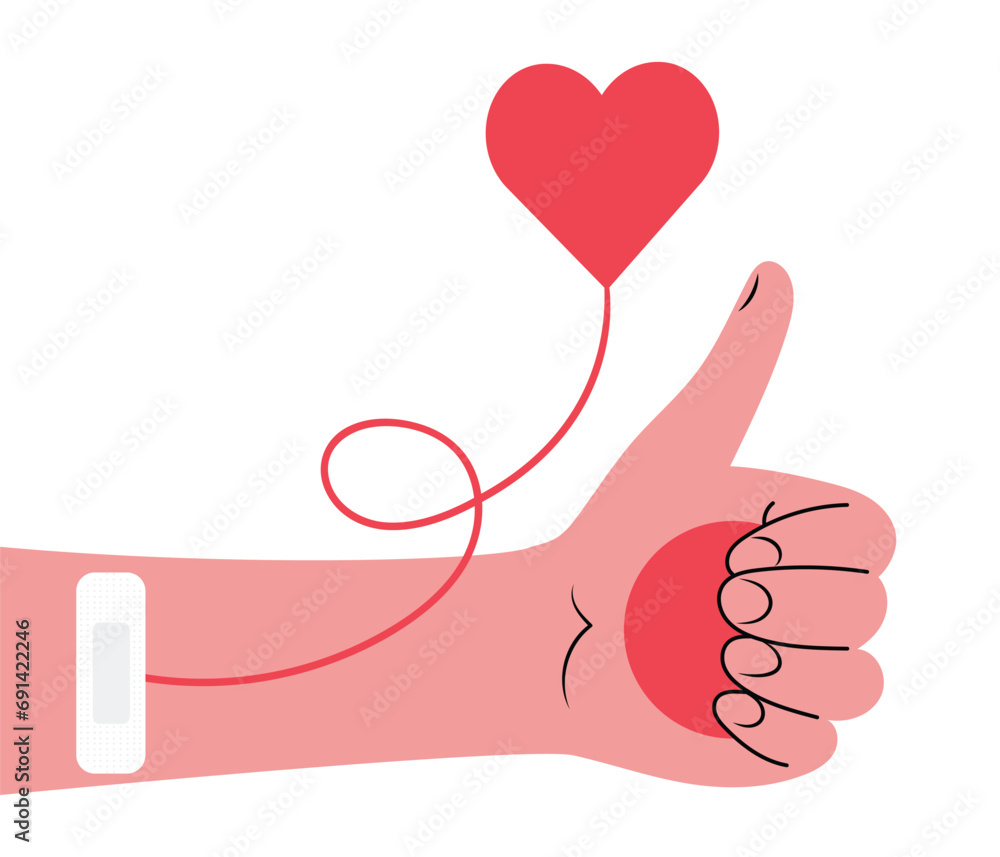 Card with hand of the donor, donating blood and plazma, holding a stress ball, showing thumb up hand gesture. Isolated vector illustration in flat design - obrazy, fototapety, plakaty 