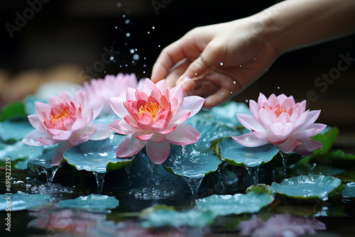 Fingers carefully lift lotus flowers onto crystal clear water of pond  a symbol of purity and enlightenment meditation in nature